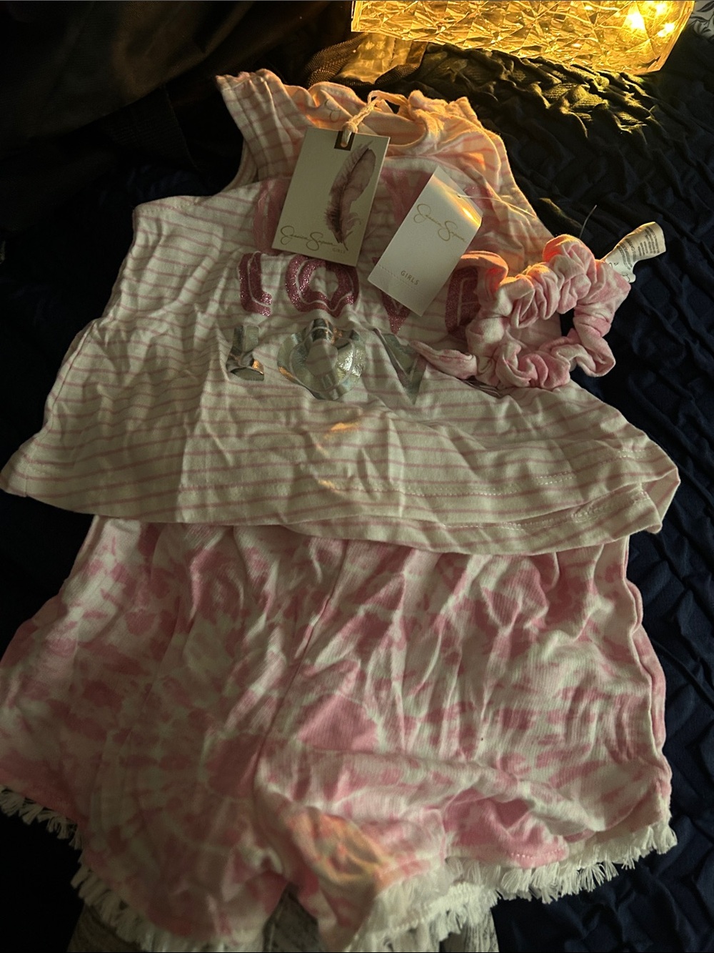 Jessica Simpson Pink and White Striped Girls Matching Set with Scrunchie